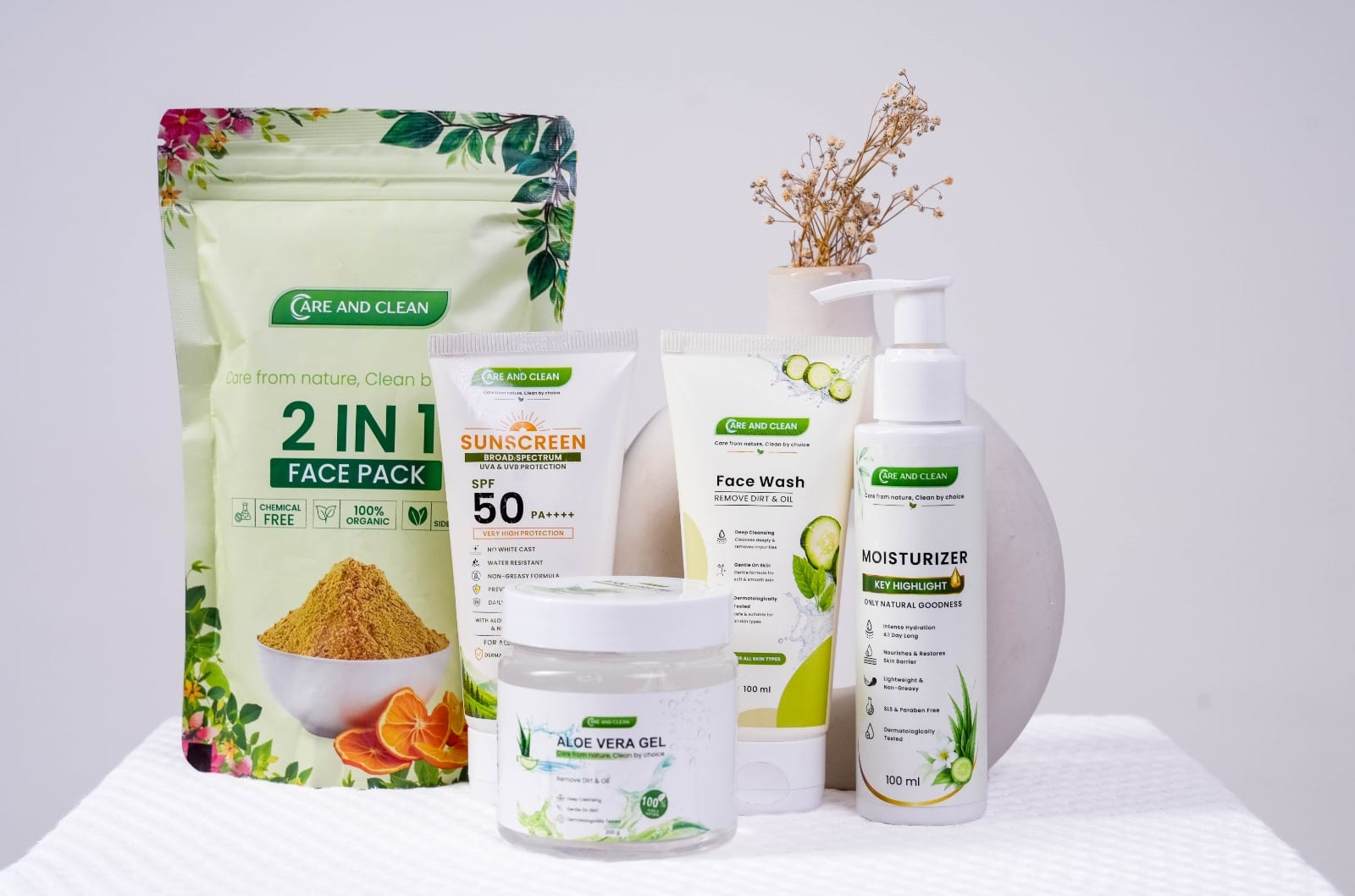 Care and Clean Nepal product range styled with dried botanicals